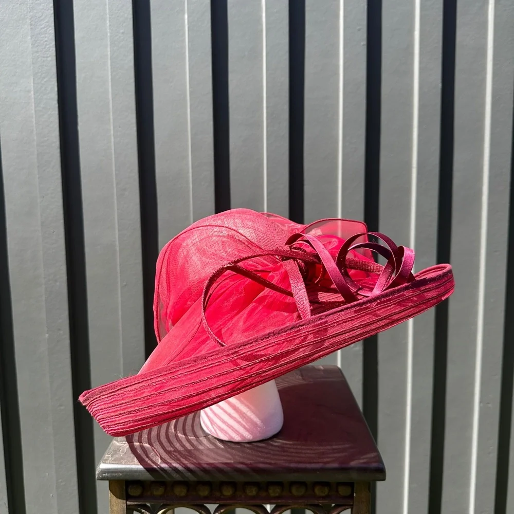 Something Special Cranberry Red Kentucky Derby Wide Brim Ribbon Bow Hat